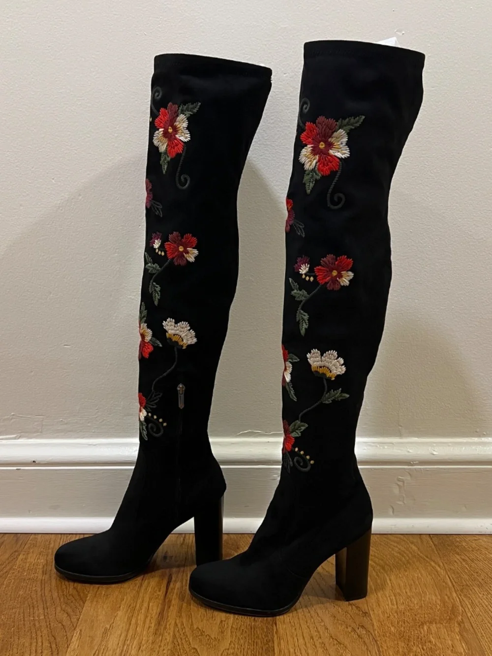 Sam Edelman Vena Black Microsuede Floral Embroidered Over-the-Knee Boots, Sz 10M
